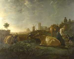 Aelbert Jacobsz Cuyp - A Distant View of Dordrecht, with a Milkmaid and Four Cows