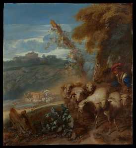 Giovanni Benedetto Castiglione - Roman Landscape with a Shepherd and Sheep