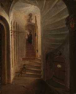 Egbert Van Der Poel - Portal of a stairway tower, with a man descending the stairs: presumably the moment before the assassination of William the Silent in the Ptinsenhof, Delft, Egbert Lievensz. van der Poel (attributed to), 1640 - 1664