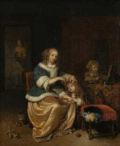 Caspar Netscher - Interior with a Mother Combing her Child’s Hair, Known as ‘Maternal Care’, Caspar Netscher, 1669