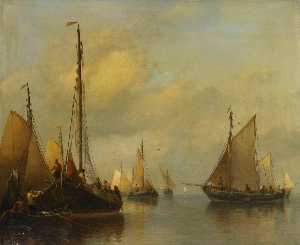 Antoine De Saaijer Waldorp - Fishing Boats on calm Water, Antonie Waldorp, 1840 - 1850