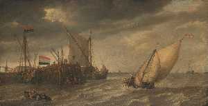 Bonaventura I Peeters - Travellers Disembarking at a Jetty on the Scheldt in Strong Winds, Bonaventura Peeters (I), c. 1635