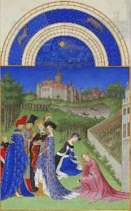 Limbourg Brothers - Calendar: April (Courtly Figures in the Castle Grounds)