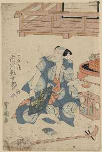 Utagawa Toyokuni I - Actor Ichikawa Ebijuro, seated on floor with shamisen at his feet
