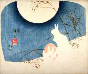Ando Hiroshige - Untitled (Two Rabbits, Pampas Grass, and Full Moon)