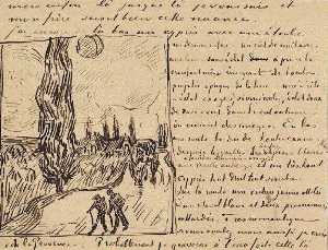 Vincent Van Gogh - Road with Men Walking, Carriage, Cypress, Star, and Crescent Moon