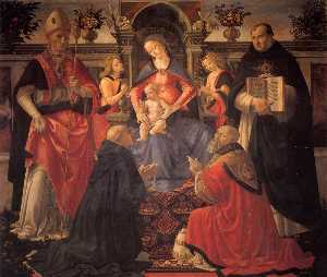 Domenico Ghirlandaio - Madonna and Child enthroned with St. Dionysius, Aeropagita, Domenic, Clement and Thomas Aquinas