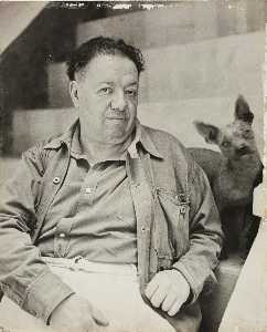 Danish Unknown Goldsmith - Diego Rivera with a xoloitzcuintle dog in the Blue House, Coyoacan