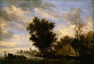 Salomon Van Ruysdael - River scene with ferry boat