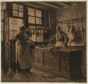 Léon Augustin L-hermitte - Interior of a Butcher Shop