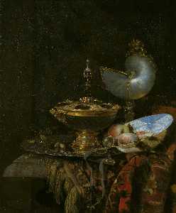Willem Kalf - Pronk Still Life with Holbein Bowl, Nautilus Cup, Glass Goblet and Fruit Dish