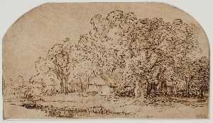 Rembrandt Van Rijn - Landscape with Cottages under Tall Trees. (\
