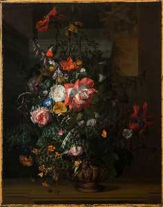 Rachel Ruysch - Roses, Convolvulus, Poppies, and other Flowers in an Urn on a Stone Ledge