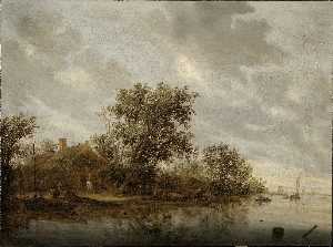 Salomon Van Ruysdael - River Landscape with Ferry