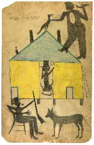 Bill Traylor - Untitled (Yellow and Blue House with Figures and Dog)