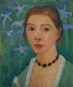 Paula Modersohn-Becker - Self-Portrait before a Green Background with Blue Iris