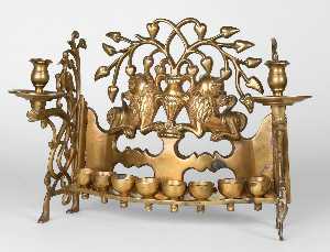 Danish Unknown Goldsmith - Hanukkah lamp adorned with vase flanked by crouching lions