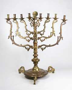 Danish Unknown Goldsmith - Synagogue Hanukkah lamp, on three legs shaped like small rampant horses