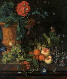 Jan Van Huysum - Terracotta Vase with Flowers and Fruits