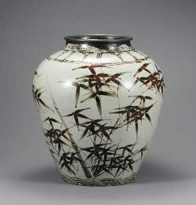 Danish Unknown Goldsmith - Jar, White Porcelain with Plum and Bamboo Design in Iron-brown Underglaze