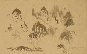 Gaganendranath Thakur - Various sketches of human heads and coconut trees