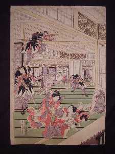 Utagawa Kunisada - Ronins attack on the house of lord Kira (left panel of a triptych)